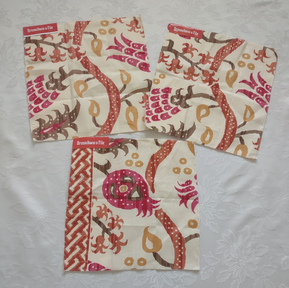 Brunschwig & Fils linen Nisiotiko print grenadine orange spice 3 samples